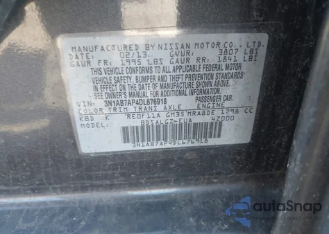 2013 Nissan Sentra Sl z USA, uszkodzony, nr VIN 3N1AB7AP4DL676918